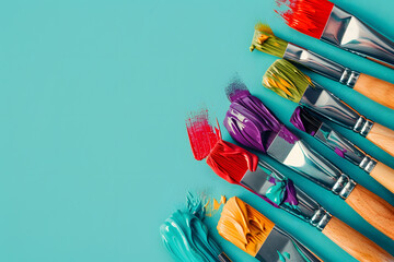 A collection of vibrant paintbrushes dipped in various colors of paint on a bold teal background, inspiring creativity and artistic expression - obrazy, fototapety, plakaty