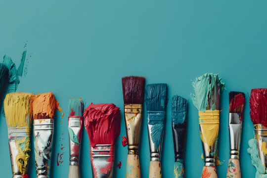 A collection of vibrant paintbrushes dipped in various colors of paint on a bold teal background, inspiring creativity and artistic expression