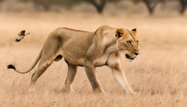 A Lioness Hunting With Her Pride