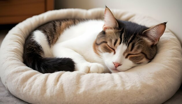 A Sleepy Cat Curled Up In A Cozy Bed