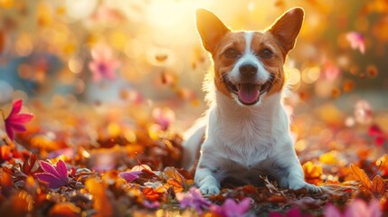 A dog laying on the ground surrounded by colorful leaves, AI