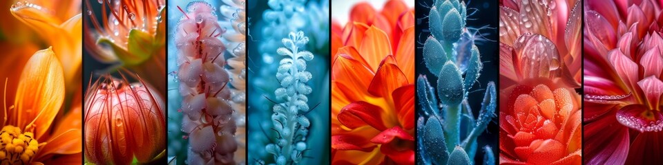 A series of close up images of different colored flowers, AI