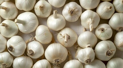 Garlic background, top view, flat lay. Agriculture harvest food photography background