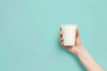 Fototapeta na wymiar Hand holding milk glass on pastel background with ample copy space for text placement 