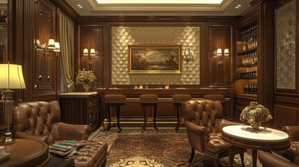 A fancy looking living room with a bar and chairs, AI