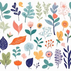 A collection of seamless pattern, colorful abstract plants and flowers. Hand drawn Collection of leaves and flowers. A close up of a pattern of flowers and leaves.
