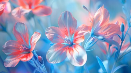 A close up of a bunch of pink and blue flowers, AI