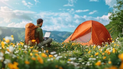 Digital nomad blends work and wilderness, laptop by mountain tent in alpine meadows. Ideal for remote work, adventure, and nomadic lifestyle content.