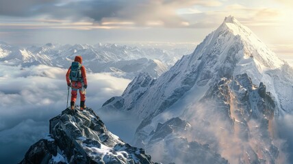 Climber Gazing at Sunrise over the Mountains. Amidst a serene mountain sunrise, a climber gazes into the distance, a metaphor for contemplation and future goals. - obrazy, fototapety, plakaty