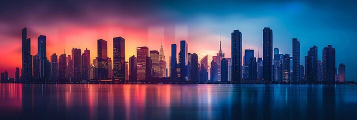 Striking city skyline at sunset, reflecting urban vibrancy and growth. Perfect for travel, urban development discussions, or vibrant backdrops. - obrazy, fototapety, plakaty