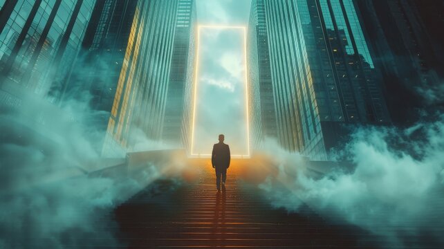 Journey to achievement through a visionary portal. Portraying the path to success and the pursuit of innovation, this image is perfect for motivational themes and forward-thinking business concepts.