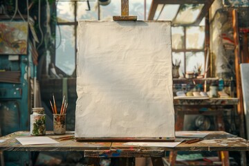 Empty Canvas on Easel in Artist's Workshop with Paint Brushes and Creative Atmosphere