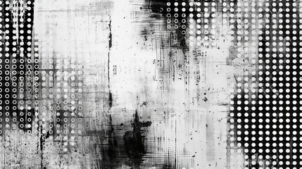 An abstract grunge background featuring a grid and polka dot halftone pattern, composed of spotted black and white lines, creating a textured effect