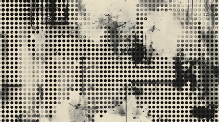 An abstract grunge background featuring a grid and polka dot halftone pattern, composed of spotted black and white lines, creating a textured effect