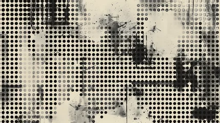 Tuinposter An abstract grunge background featuring a grid and polka dot halftone pattern, composed of spotted black and white lines, creating a textured effect © Orxan