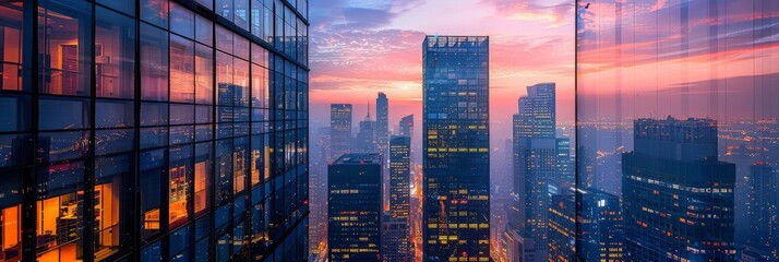 Sunset reflecting on skyscrapers, urban dreamscape. Illustrates economic growth, perfect for business and travel themes.