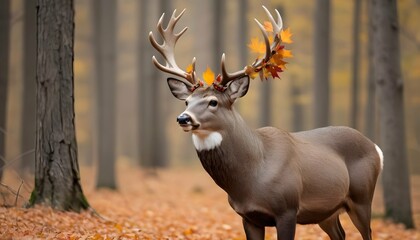 A Buck With Antlers Adorned With Autumn Leaves