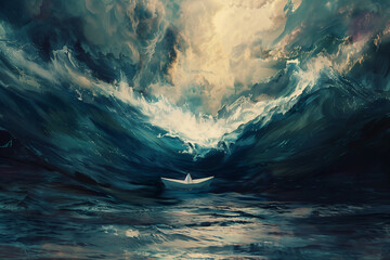 Paper Boat in Stormy Ocean Painted, Dramatic Skies and Waves - obrazy, fototapety, plakaty