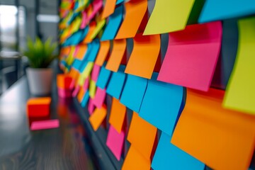 Vibrant Array of Sticky Notes on Office Whiteboard for Brainstorming and Organization - Powered by Adobe