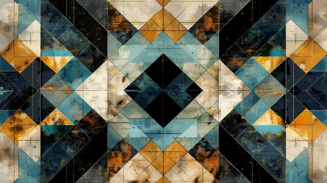 An artistic abstract colored geometric pattern with a pixel tiled background in hues of blue, beige, black, old gold, brown, and grey