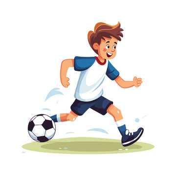 Kick the ball.Young boy is playing soccer. flat vec