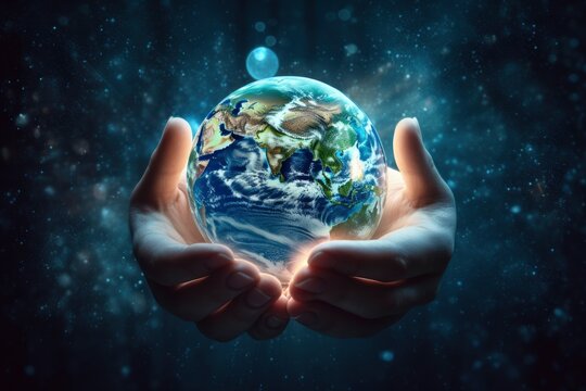 Earth at night was holding in human hands. Earth day. Energy saving concept, Elements of this image furnished by NASA - generative ai