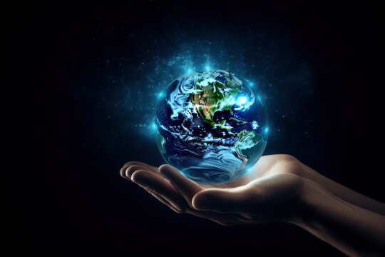 Earth at night was holding in human hands. Earth day. Energy saving concept, Elements of this image furnished by NASA - generative ai