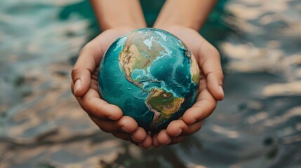 Close-up of diverse hands holding a globe with water bodies highlighted symbolizing international cooperation in water management