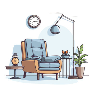 Linear interior scene with armchair lamp wall clock