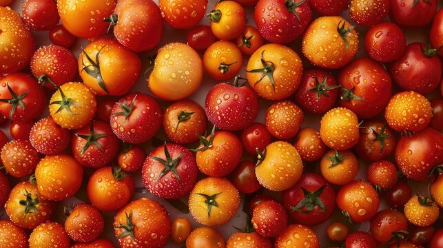 Tomatoes vegetables background, with water drops, top view, flat lay. Agriculture harvest food photography background
