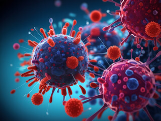 Illustration of virus-cell, cancer cells, T-cells and molecules for medical and science concept background