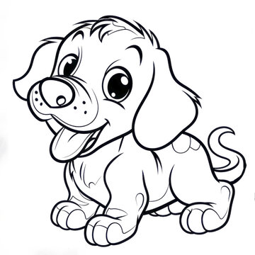 Black and white drawing of a joyful cartoon puppy with a wagging tail