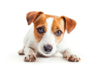 A Jack Russell Terrier lies down, gazing directly at the camera with a soft, inviting expression