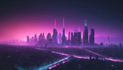 Muurstickers Futuristic City Skyline Synthwave Colors Neurocy © NACreative