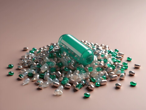 Capsules with granule backgrounds with copy space can be used as medical mockups or templates—3D Rendering design.
