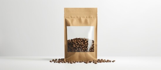 Brown Kraft paper bag with coffee beans in a clear window on a white background. Template mockup collection for packaging with clipping path included.