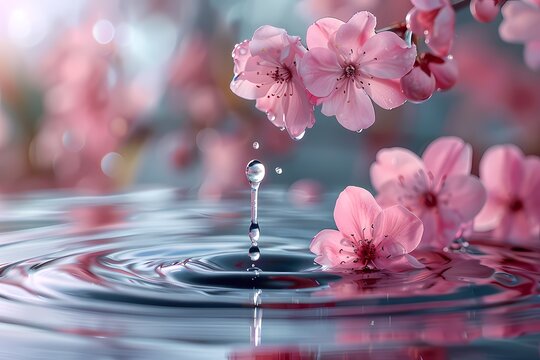 Pink sakura flower with water drop on the pond , advertising photographs , with space for product display scene, wallpaper and product display