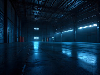 The dark garage background perspective view of a warehouse in the hangar with LED neon blue lighting. The modern design of the size empty room, with aabstract space interior. Concept of show, industry