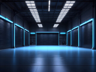 The dark garage background perspective view of a warehouse in the hangar with LED neon blue lighting. The modern design of the size empty room, with aabstract space interior. Concept of show, industry - obrazy, fototapety, plakaty