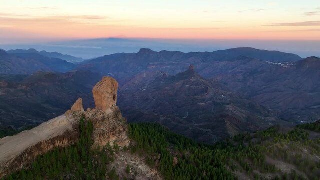 Aerial shot picturesque paradise of Roque Nublo,, Gran Canaria, Canary islands, Spain.