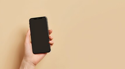 Mobile phone with black screen with callouts for text messages in female hand on beige color background Blank with empty copy s  AI generated illustration