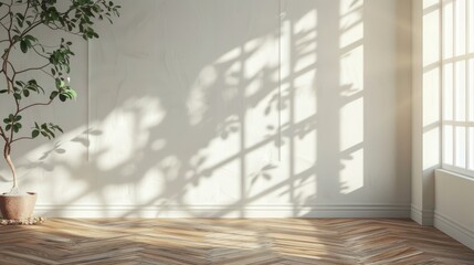 Room interior empty space background mock up sunlight and shadows room walls cozy summer warm room with sunlight and leafs shad  AI generated illustration - obrazy, fototapety, plakaty
