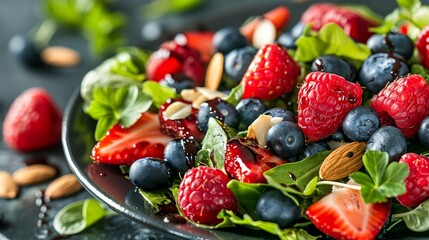 Summer Berry Salad A professional photograph capturing a summer berry salad with mixed greens fresh strawberries blueberries ra AI generated illustration - obrazy, fototapety, plakaty