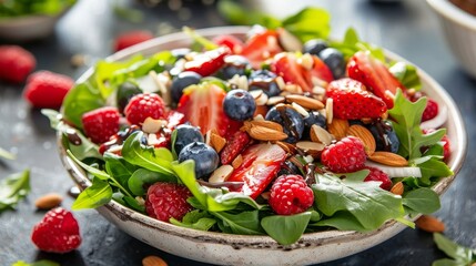 Summer Berry Salad A professional photograph capturing a summer berry salad with mixed greens fresh strawberries blueberries ra  AI generated illustration