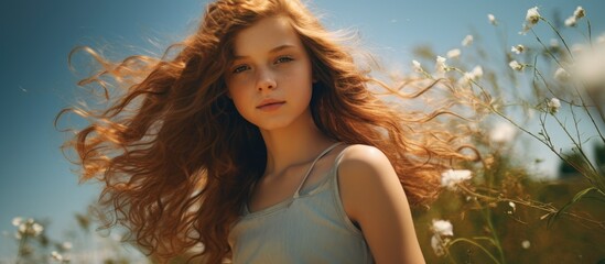 A happy surfer with long layered blond hair is enjoying a fun event in a field of tall grass, under the blue sky during her travel adventure
