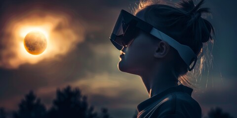 showing a person viewing an eclipse with awe and excitement. The person is wearing protective paper glasses designed for eclipse viewing. The background features a darkened sky 