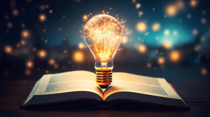 Glowing light bulbs on textbooks illuminate everything, learning and education concept