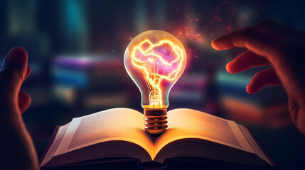 Glowing light bulbs on textbooks illuminate everything, learning and education concept