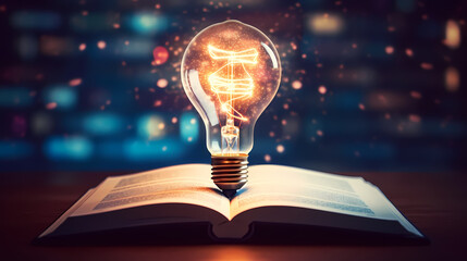 Glowing light bulbs on textbooks illuminate everything, learning and education concept