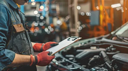 Foto op Plexiglas Car repair service. Check repair list. auto mechanic with clipboard checking car in auto repair shop. © Ilmi